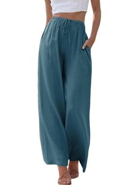Faleave Pants Palazzo Trousers Wide-Leg Drawstring Teal Blue Cotton/Linen Flowy